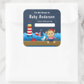 Nautical Girl Monkey Red and Navy Baby Bookplate Vierkante Sticker (Tas)