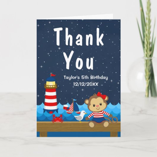 Nautical Girl Monkey Red and Navy Birthday Party Bedankkaart (Voorkant)