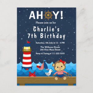 Nautical Girl Monkey Red and Navy Birthday Party Briefkaart
