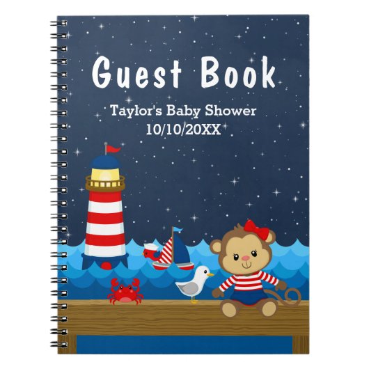 Nautical Girl Monkey Red Baby shower Guest Book Notitieboek (Voorkant)