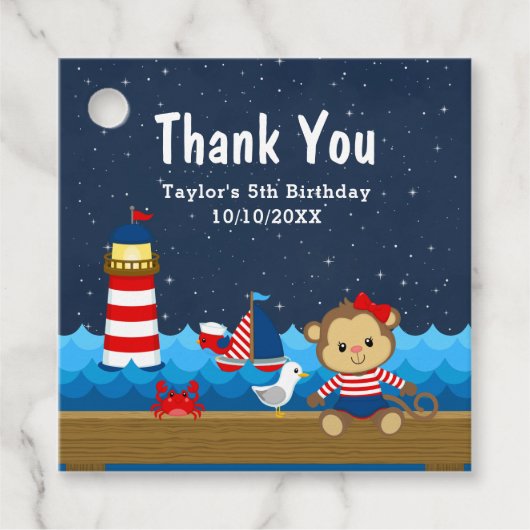 Nautical Girl Monkey Red Birthday Party Bedankjes Labels (Voorkant)