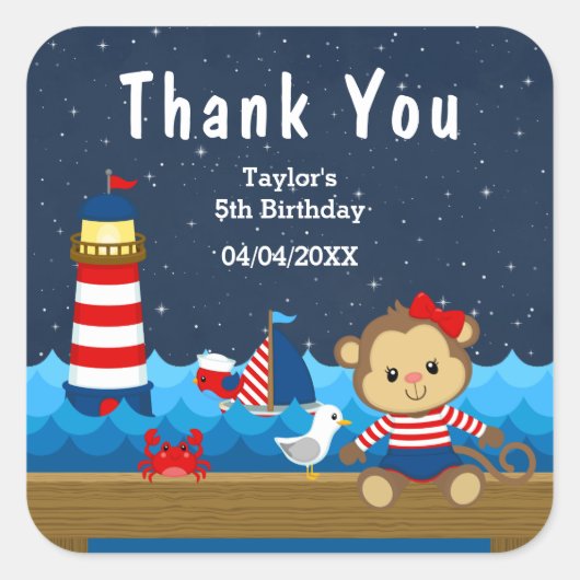 Nautical Girl Monkey Red Birthday Party Vierkante Sticker (Voorkant)