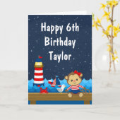 Nautical Girl Monkey Red en marine Happy Birthday Kaart (Gele Bloem)