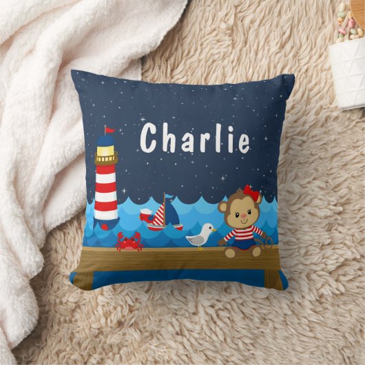Nautical Girl Monkey Red en marine Kussen (Deken)