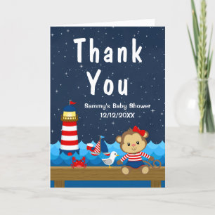 Nautical Girl Monkey Red en Navy Baby shower Bedankkaart