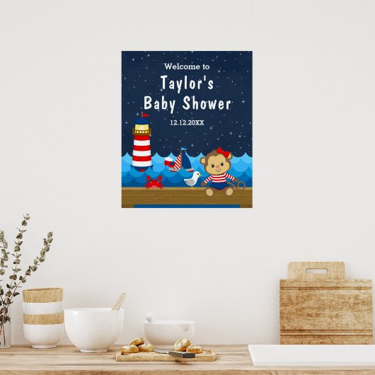 Nautical Girl Monkey Red Navy Baby shower Welkom Poster (Keuken)
