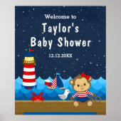 Nautical Girl Monkey Red Navy Baby shower Welkom Poster (Voorkant)
