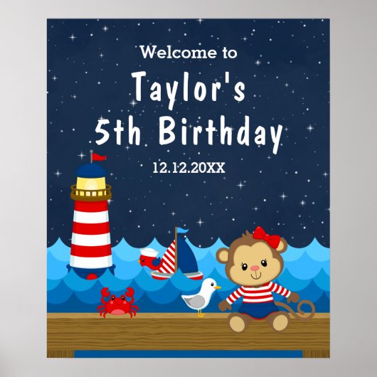 Nautical Girl Monkey Red Navy Birthday Welkom Poster (Voorkant)