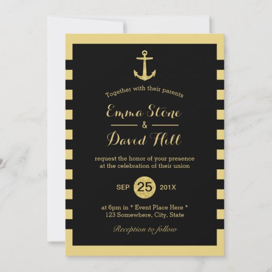 Nautical Gold Anchor Black & Gold Wedding Kaart (Voorkant)
