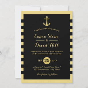 Nautical Gold Anchor Black & Gold Wedding Kaart