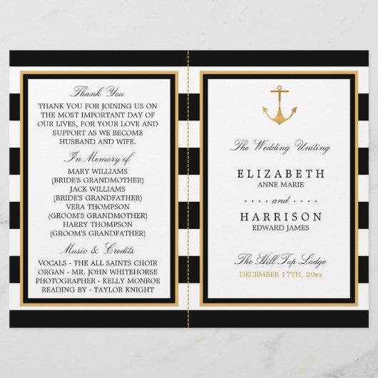 Nautical Gold Anchor, Black/Gold Wedding Program (Voorkant)