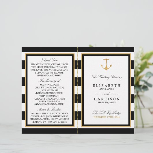 Nautical Gold Anchor, Black/Gold Wedding Program (Staand voorkant)