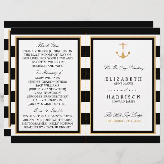Nautical Gold Anchor, Black/Gold Wedding Program (Voorkant / Achterkant)