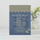 Nautical Gold Anchor Chevron Stripes Sweet 16 Kaart (Staand voorkant)