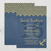 Nautical Gold Anchor Chevron Stripes Sweet 16 Kaart (Voorkant / Achterkant)