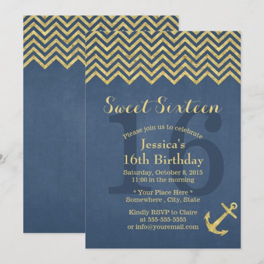 Nautical Gold Anchor Chevron Stripes Sweet 16 Kaart (Voorkant / Achterkant)