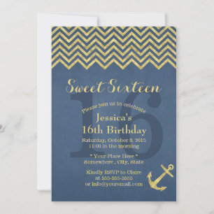 Nautical Gold Anchor Chevron Stripes Sweet 16 Kaart