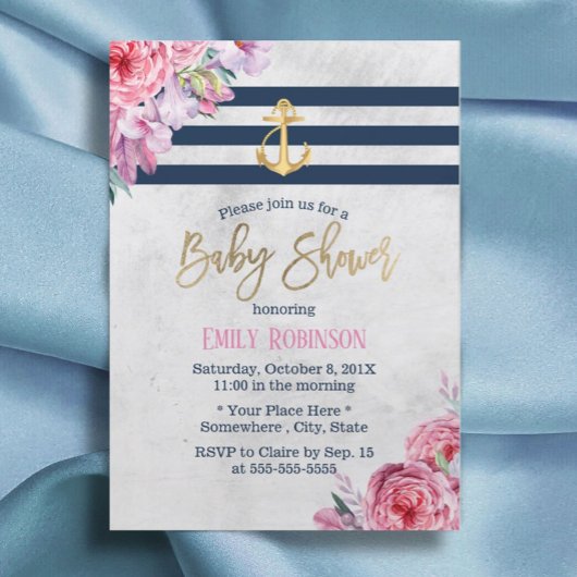 Nautical Gold Anchor  Floral Baby shower Kaart