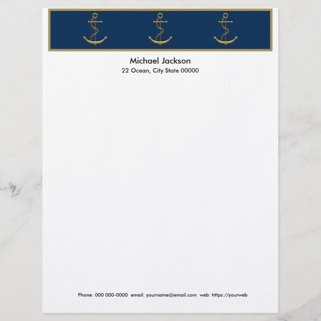 Nautical Gold Anchor Letterhead Stationery Briefhoofd (Voorkant)
