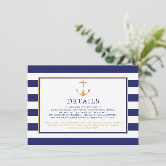 Nautical Gold Anchor, marine & Gold Wedding Detail Informatiekaartje (Staand voorkant)