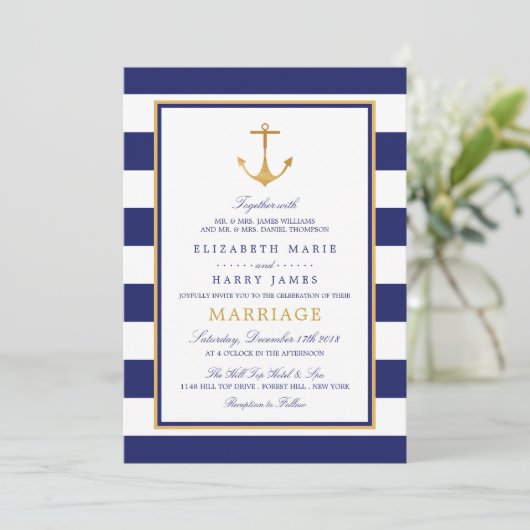  Nautical Gold Anchor, marine & Gold Wedding Kaart (Staand voorkant)