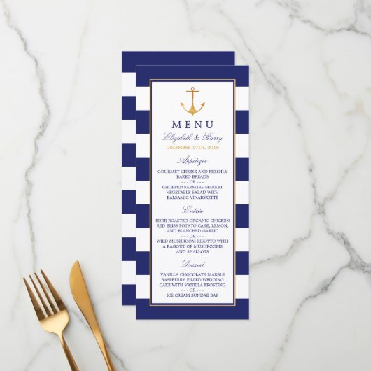  Nautical Gold Anchor, marine & Gold Wedding Menu (Voorkant / Achterkant in situ)