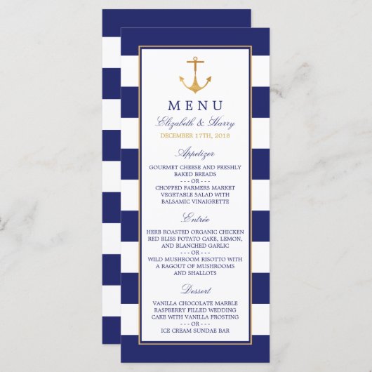  Nautical Gold Anchor, marine & Gold Wedding Menu (Voorkant / Achterkant)
