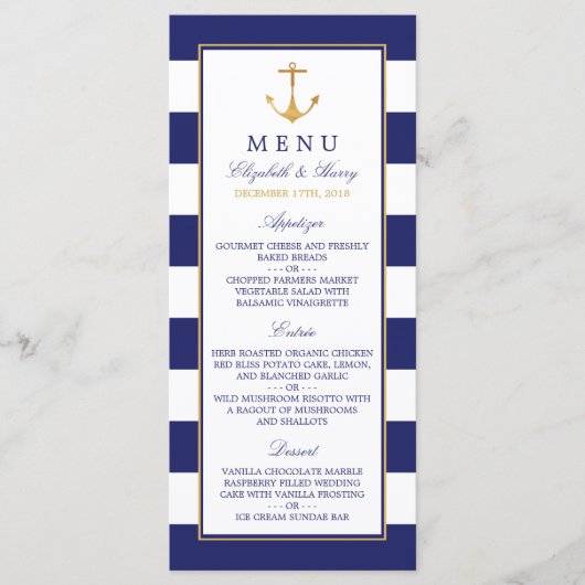  Nautical Gold Anchor, marine & Gold Wedding Menu (Voorkant)