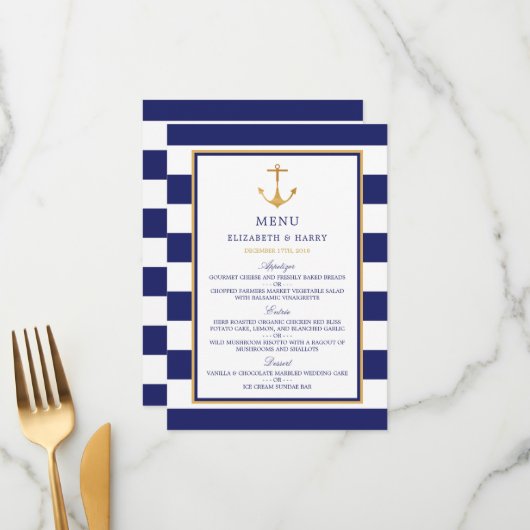 Nautical Gold Anchor, marine & Gold Wedding Menu (Voorkant / Achterkant in situ)