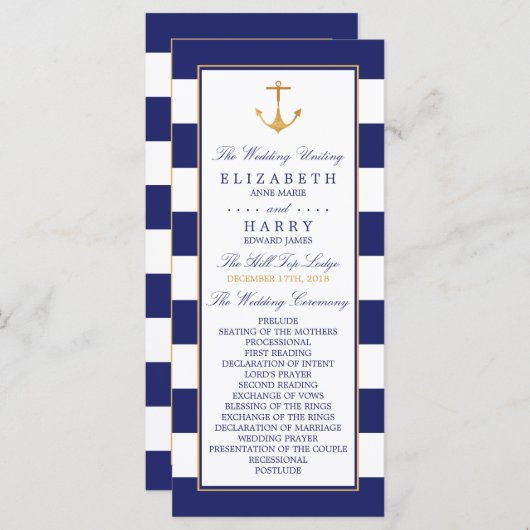  Nautical Gold Anchor, marine & Gold Wedding Programmakaart (Voorkant / Achterkant)