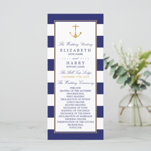 Nautical Gold Anchor, marine & Gold Wedding Programmakaart (Staand voorkant)