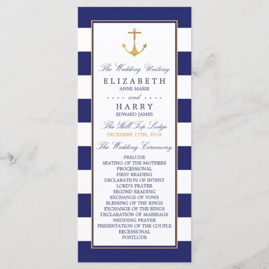  Nautical Gold Anchor, marine & Gold Wedding Programmakaart (Voorkant)