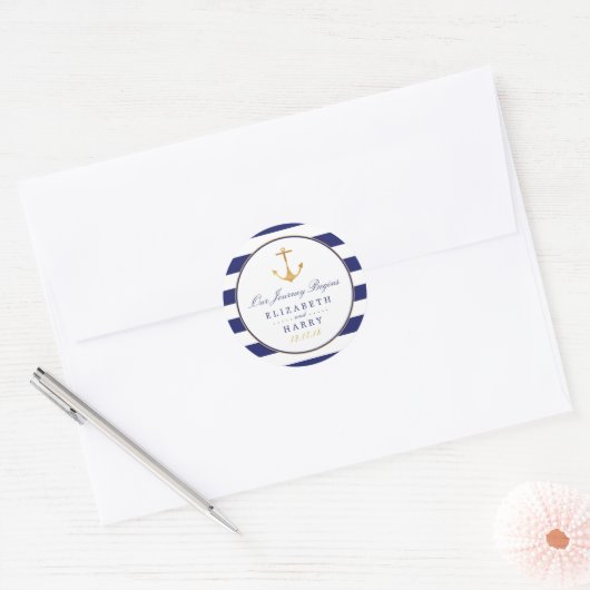  Nautical Gold Anchor, marine & Gold Wedding Ronde Sticker (Envelop)