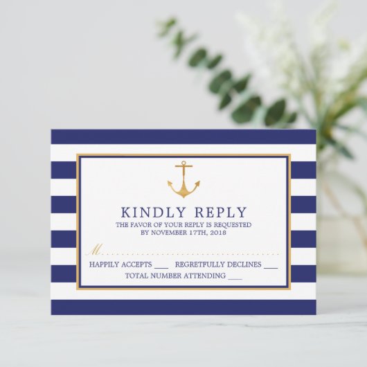  Nautical Gold Anchor, marine & Gold Wedding RSVP Kaartje (Staand voorkant)