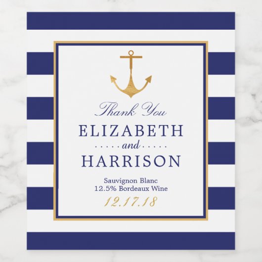  Nautical Gold Anchor, marine & Gold Wedding Wijn Etiket (Enkel label)