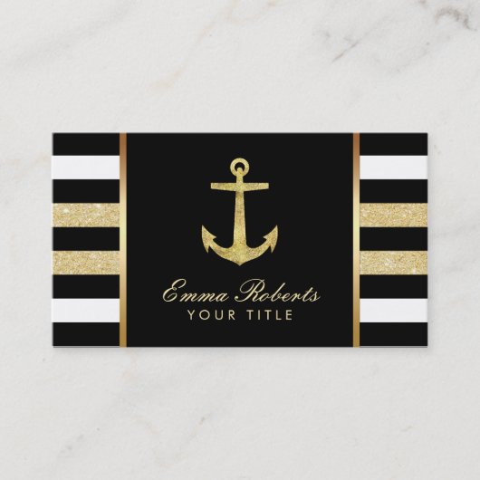 Nautical Gold Anchor Modern Stripes Visitekaartje (Voorkant)