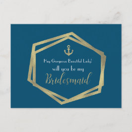 Nautical Gold Anchor Navy be My Bridesmaid Kaart