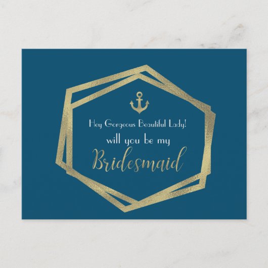 Nautical Gold Anchor Navy be My Bridesmaid Kaart (Voorkant)
