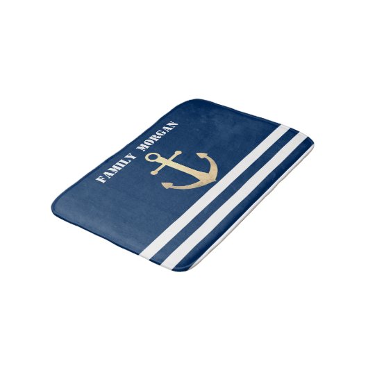 Nautical, Gold Anchor Navy Blue Striped Badmat (Gekanteld)