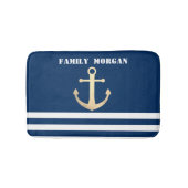 Nautical, Gold Anchor Navy Blue Striped Badmat (Voorkant)