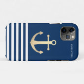 Nautical, Gold Anchor Navy Blue Striped Case-Mate iPhone Case (Achterkant (horizontaal))