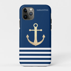 Nautical, Gold Anchor Navy Blue Striped Case-Mate iPhone Case