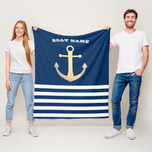 Nautical, Gold Anchor Navy Blue Striped Fleece Deken