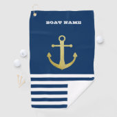 Nautical, Gold Anchor Navy Blue Striped Golfhanddoek (Insitu)