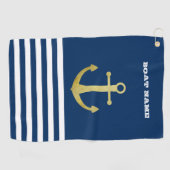 Nautical, Gold Anchor Navy Blue Striped Golfhanddoek (Horizontaal)