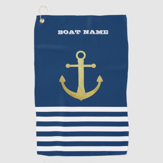 Nautical, Gold Anchor Navy Blue Striped Golfhanddoek (Voorkant)