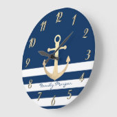 Nautical, Gold Anchor Navy Blue Striped Grote Klok (Hoek)