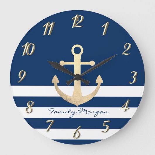 Nautical, Gold Anchor Navy Blue Striped Grote Klok (Voorkant)