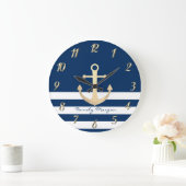 Nautical, Gold Anchor Navy Blue Striped Grote Klok (Huis)