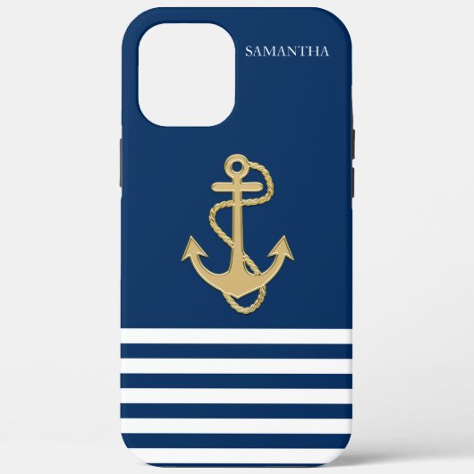 Nautical, Gold Anchor Navy Blue Striped Hoesje Mat (Achterkant)